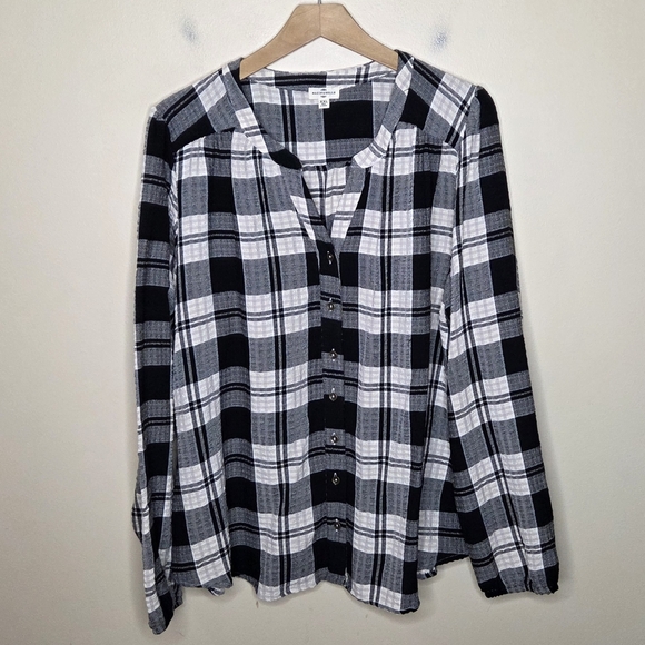 Mason & Belle | Ivory & Black Textured Plaid Button Front Shirt Size XXL - Picture 1 of 7
